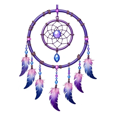 Iridescent shiny transparent pastel purple-pink-indigo-violet crescent-moon-Dreamcatcher hanging from a thread, with gemstones, and beads sticker