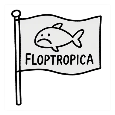 hand-drawn outlined flag on a stick with a quirky 'Floptropica' symbol sticker