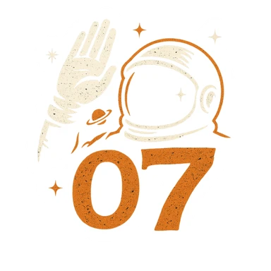Logo estilizado de saludo o7 con silueta de mano y casco de astronauta, detalles espaciales y toque rebelde, colores oscuros sticker