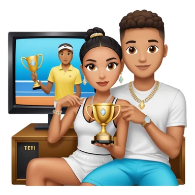 Breaking news Internet celebrity Josh King Madrid jetset wearing shiny diamond earrings and sparkly iced out diamond tennis necklace chains with Instagram model girl tefi valenzuela sitting with him holding gold internet celebrity trophy on tv show in Miami sticker