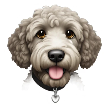 Black goldendoodle with white chest sticker