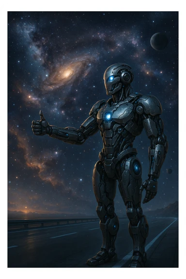 A robot hitchhiking across the galaxy, realistic and detailed, sci-fi style sticker