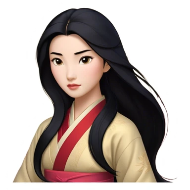 Cinematic Realistic Mulan Portrait, depicted with lifelike skin texture, soft natural lighting, and intricately detailed long black hair styled elegantly. Her deep, expressive eyes exude determination and grace, complemented by a serene yet confident expression. She is dressed in her classic attire, with rich fabric textures and delicate folds that catch the light beautifully. The portrait features a soft, enchanting glow with a natural, radiant finish, capturing the essence of timeless strength and beauty in a realistic and painterly style, evoking a sense of depth and authenticity. sticker