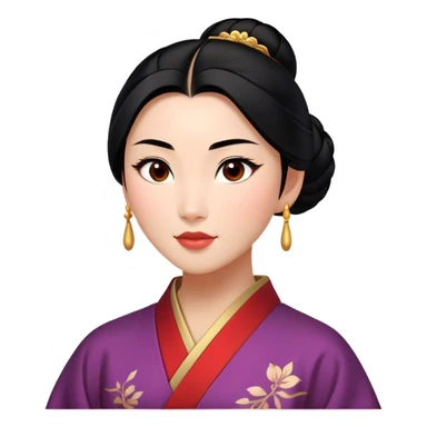 Cinematic Elegant Mulan Portrait Emoji, rendered in a realistic, vector-style with minimal shading and bold, simplified shapes. Depict Mulan (chest and above) with warm, light-toned skin, almond-shaped eyes, and sleek black hair styled in a traditional bun. She wears a modest, traditional robe with subtle red and gold accents, glowing with a soft, refined radiance and high shine, capturing timeless beauty and inner strength. sticker