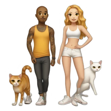 Tan skater and White Girl with tattoos holding 2 fat cats sticker
