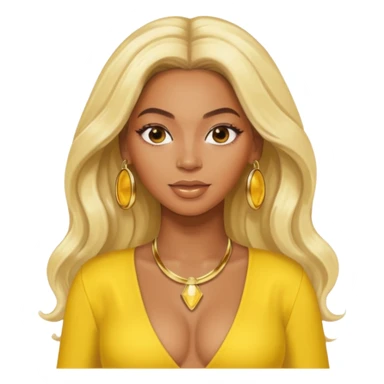 Beyonce with platinum blonde long hair, yellow outfit and earring sticker
