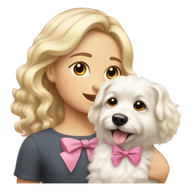 blonde girl with wavy hair taking a little fluffy white dog for a walk with a pink bow sticker