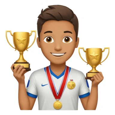 happy soccer player with a first-place medal and a trophy sticker