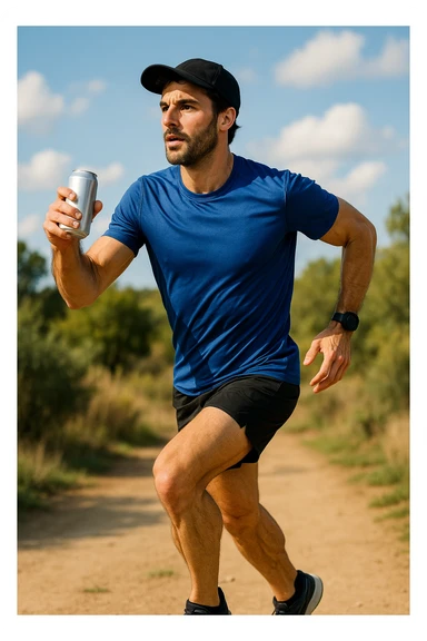 A male runner holding a can sticker