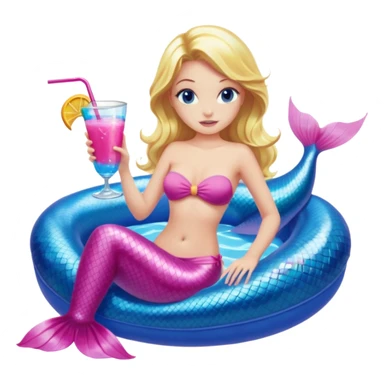 woman who is a mermaid with blonde hair and blue eyes sitting in a pink pool tube in a blue pool sipping a drink wearing a pink bikini top and a pink mermaid tail  sticker