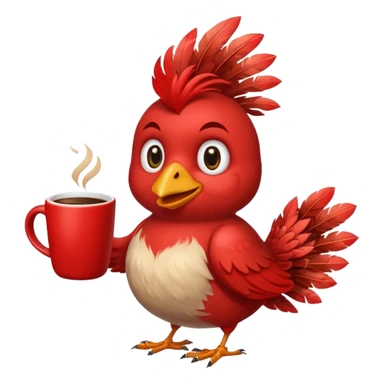 Smiling red bird holding a coffee mug by the handle sticker