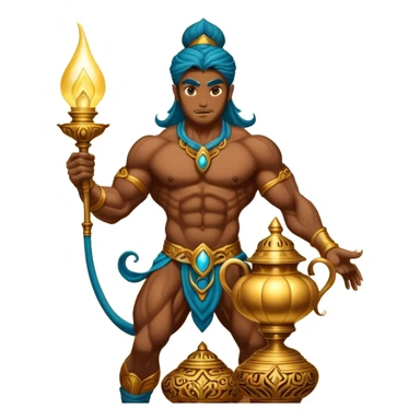 mystical fantasy illustration of a powerful jinn emerging from an ancient golden lamp.  sticker