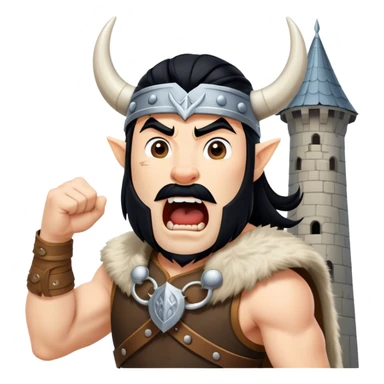 vikingo, con cuerno de vaca, pelo negro, de pie, grito de guerra en torre de Asgard. sticker