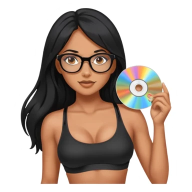 glasses, long black hair tanned woman, black sports bra, sexy, hot, data analysis, holding a cd   sticker