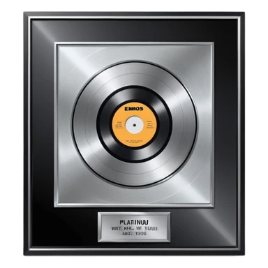 A platinum music award plaque: a square, polished platinum plate with a subtly textured, mirror-like finish, mounted on a simple dark metal base. The center features a relief of a or stylized vinyl record in a slightly darker metallic tone.  sticker
