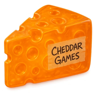 Create a clear, transparent orange cheddar cheese block shaped like a classic wedge with Swiss-style holes. The block should glow more, maintaining a clear-orange, translucent, hyper-detailed plastic texture reminiscent of a 90's toy. It should have soft reflections, appear soft and almost squishy with some cloudiness, not shiny, hyper-realistic, retro, and highly detailed. Include a tape messily taped to the side with 'Cheddar Games' written in messy Sharpie. The image should have no background and be of extremely high quality. sticker