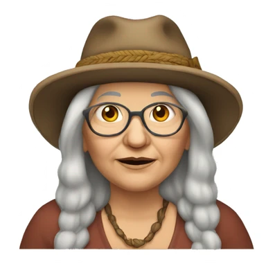 Fat old hippie woman long dark hair and hat sticker