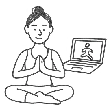 hand-drawn outlined icon of a yoga teacher with a laptop sticker