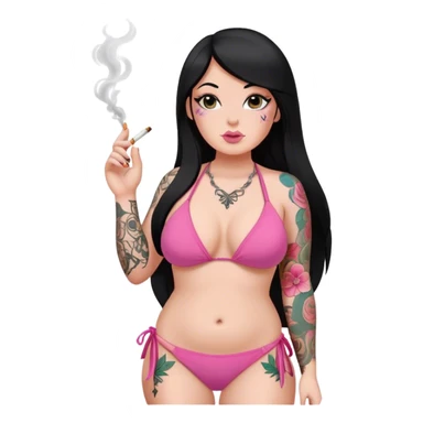 caucasian curvy girl with tattoos in pink bikini, smoking, with a long straight black hair  sticker