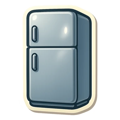Closed modern refrigerator, flat vector style, rounded edges, simple handles, clean silver surface, minimal details, soft shadows, no brand logos, UI sticker look, slightly wider proportions. sticker