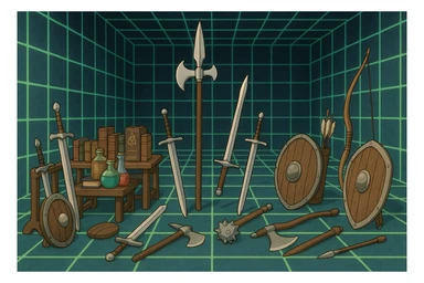 A virtual simulated training environment for combat drills, configured with swords, daggers, axes, maces, halberds, bow and arrows, and shields, as well as spell books and potions  sticker