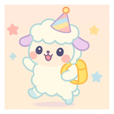 Add a yellow backpack and a party hat to the kawaii fluffy sheep, preserving the cute and soft kawaii style with fluffy texture and pastel colors. sticker