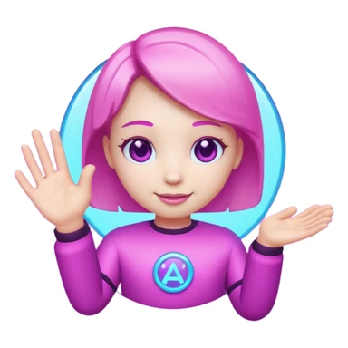 Friendly round AI mascot with a neon C badge, floating hologram in hands, purple-magenta glow. sticker