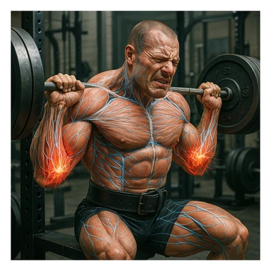 Powerlifter in weight room, muscles and nervous system represented with accelerated growth effect, inflamed and visibly stressed elbow tendons, expression of discomfort, scientific details, gym background sticker