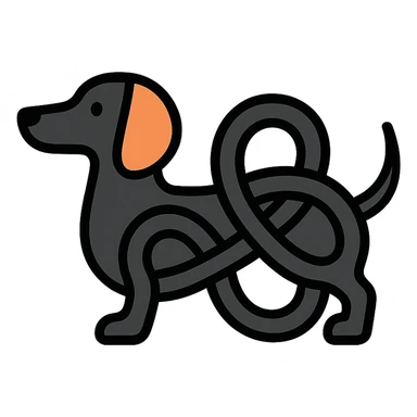 simple icon of black dachshund, body forming tangled loops sticker
