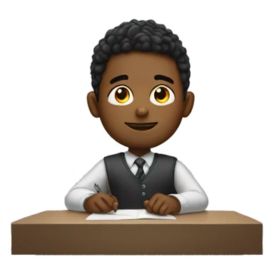 boy is sitting at desk and rising right hand like he wants to answer question sticker