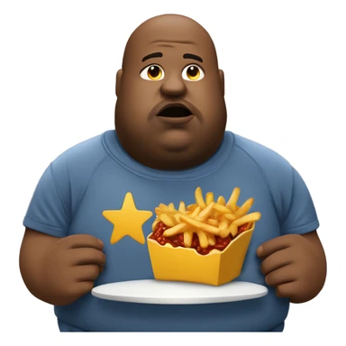 fat man in dirty blue sweatsuit with chili cheese fries in his mouth sticker