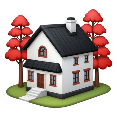 Dom parterowy z czarnym dachem i biała elewacją ze wstawkami z czerwonej cegły.Na drugim planie las. sticker