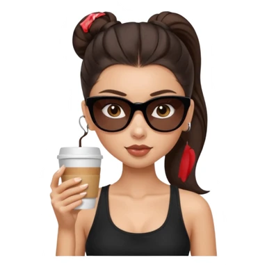 generate a pretty fair bratz girl with dark brown eyes, dark brown eyes tied into a slick back ponytail, thin brown sunglasses. Wearing a black cami top and drinking coffee, high cheekbones sticker