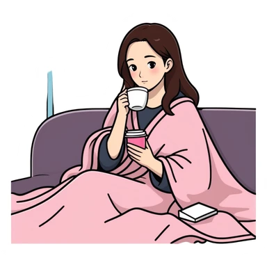 Brunette girl in pink blanket drinking coffee sticker