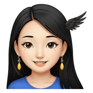 A Asian girl with fare skin and earrings, long straight black hair that is covering her checks with black eyes, smiling with a open wings eyeliner, mole near her nose of the right side sticker