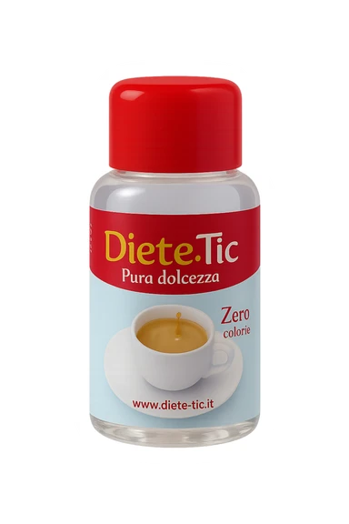 BOCCETTA DI DOLCIFICANTE LIQUIDO CON LA SCRITTA "DIETE-TIC" SULL'ETICHETTA FLUTTUA IN ARIA sticker