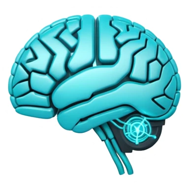 Futuristic neural brain badge icon, minimal glowing brain outline with neon cyan neural lines, small electric spark detail, circular game emblem, sci-fi web3 style, dark background, 3D polished game asset, sharp and high detail, centered composition sticker