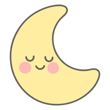 kawaii sleepy yellow crescent moon, gentle smile, blushing cheeks, soft pastel colors, no limbs, full body, soft pastel kawaii style sticker