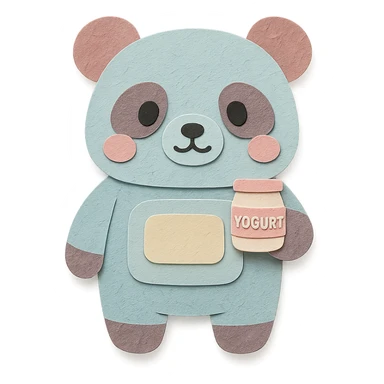 cute panda-shaped yogurt maker holding a tiny yogurt cup, pastel colors, full-body sticker