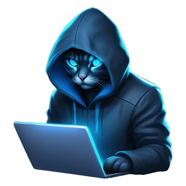 Side view developer cat behind his laptop with this style : Riot Games Valorant neon glowing bright blue character blue black hooded assassin themed character sticker