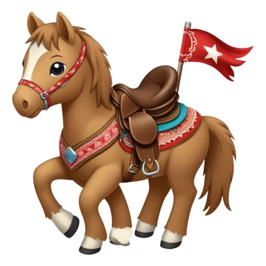A brown plush pony with a western saddle and bandana sticker