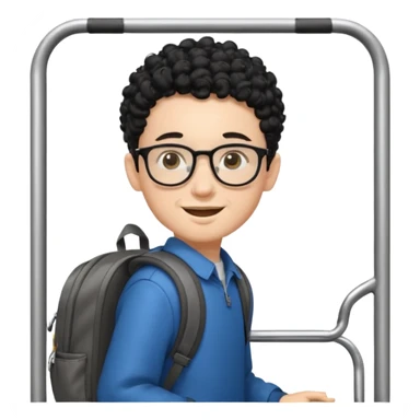 A young boy DEVELOPER WITH A backpack, black curly short hair, wearing glasses, a thin goatee, his skin is white, riding a bus sticker