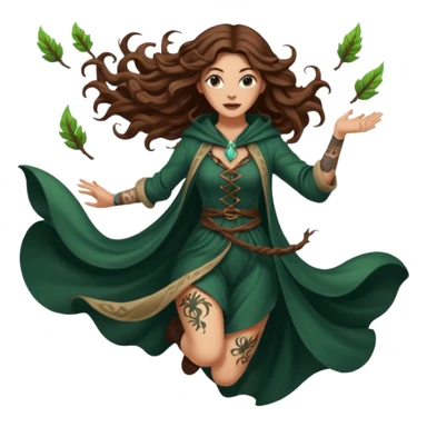 forest mage woman long wavy brown hair tattoos drawing symbol mid-air sticker