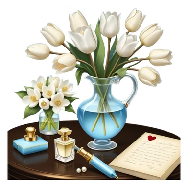 A luxurious still life featuring an ornate glass perfume bottle with a golden atomizer, a handwritten love letter, and a bouquet of white magnolias and pale blue tulips, with a pearl ribbon cascading over the table.
 sticker
