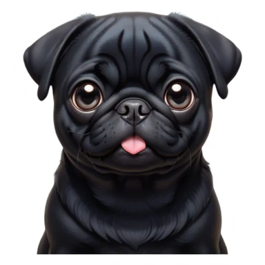 Cinematic Cute Black Pug Portrait Emoji, Head tilted playfully and inquisitively, featuring a glossy black coat with a smooth finish, round, sparkling dark eyes filled with curiosity, Simplified yet irresistibly adorable features, highly detailed, glowing with a warm, friendly glow, high shine, affectionate and lively, stylized with a touch of whimsy, bright and endearing, soft glowing outline, capturing the essence of a mischievous yet loving pup, so playful it feels like it could bounce out of the screen and into your arms! sticker