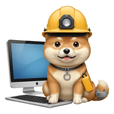 shiba inu with eye glasses and computer wearing a hard hat sticker