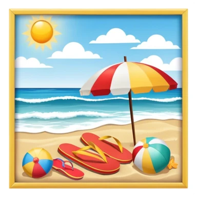 Icon for Beach Tourism: a sandy beach with a sun umbrella, beach ball, and flip-flops, with the ocean waves in the background. The icon should capture the relaxation and fun of a beach vacation. Transparent background sticker