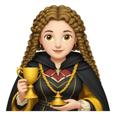 Helga Hufflepuff, 2 curly thick brown braids, yellow-black medieval dress, black cloak decorated with gold braiding, tiny two-handled shiny yellow-gold cup, very kind smile, curvy busty sweet woman, thick rosy cheeks sticker