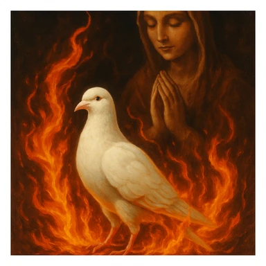 a white pigeon surrounded by fire, a praying figure in the background sticker