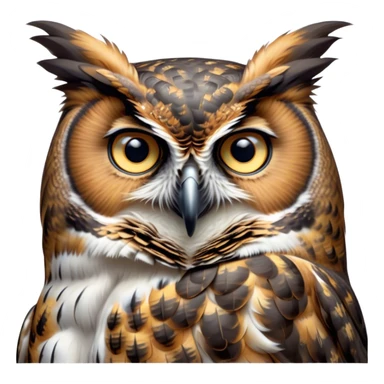 Cinematic Noble Great Horned Owl Portrait Emoji, Poised and regal, with a commanding, broad build and a richly mottled plumage of grays, whites, and subtle browns, deep-set soulful golden eyes, Simplified yet sharp and sophisticated features, highly detailed, glowing with a soft, dignified glow, high shine, intelligent and enigmatic, stylized with an air of nocturnal majesty, focused and attentive, soft glowing outline, capturing the essence of a watchful and confident raptor, so majestic it feels as though it could silently swoop out of the screen with effortless authority! sticker